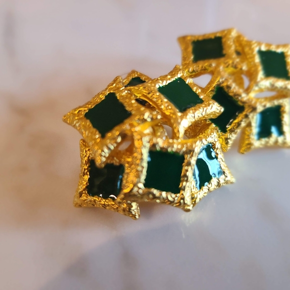 Vintage Layered Enamel Green Square Earrings - Picture 3 of 5